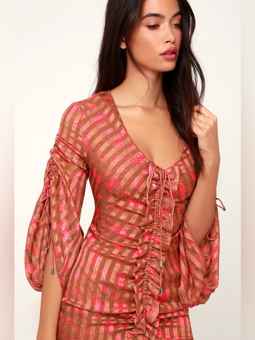 C/MEO Collective Significant Floral Mini Dress Rust Brown Pink Ruched Size S